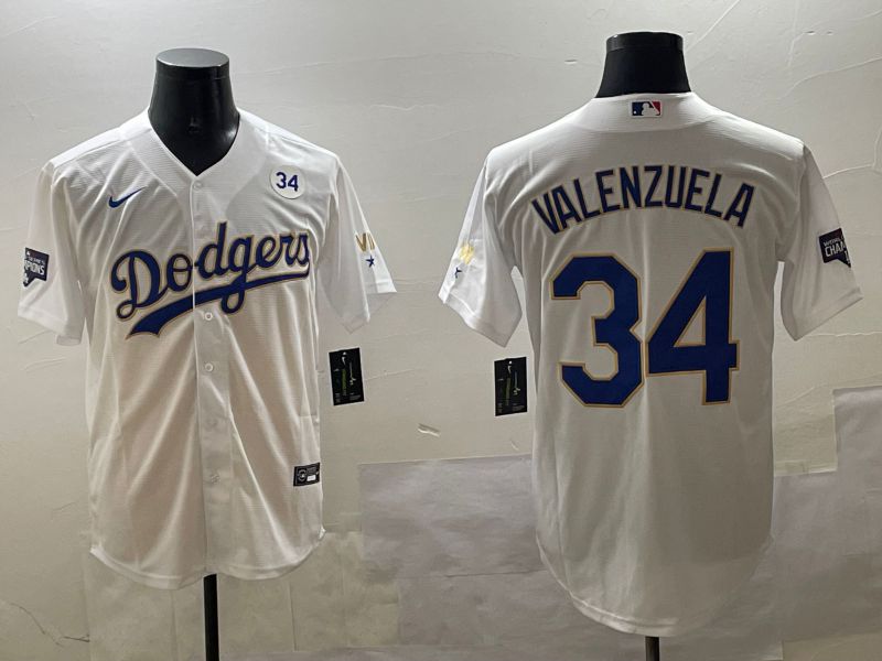 Men Los Angeles Dodgers 34 Valenzuela White blue Gold Game 2025 Nike MLB Jersey style 9